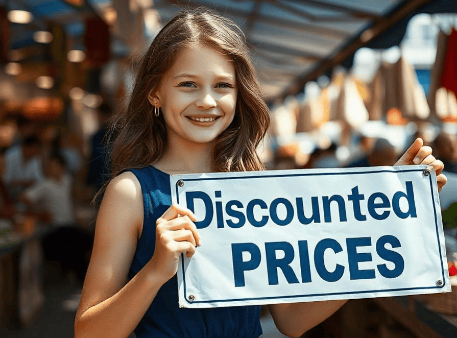 a little girl holding discounted price 